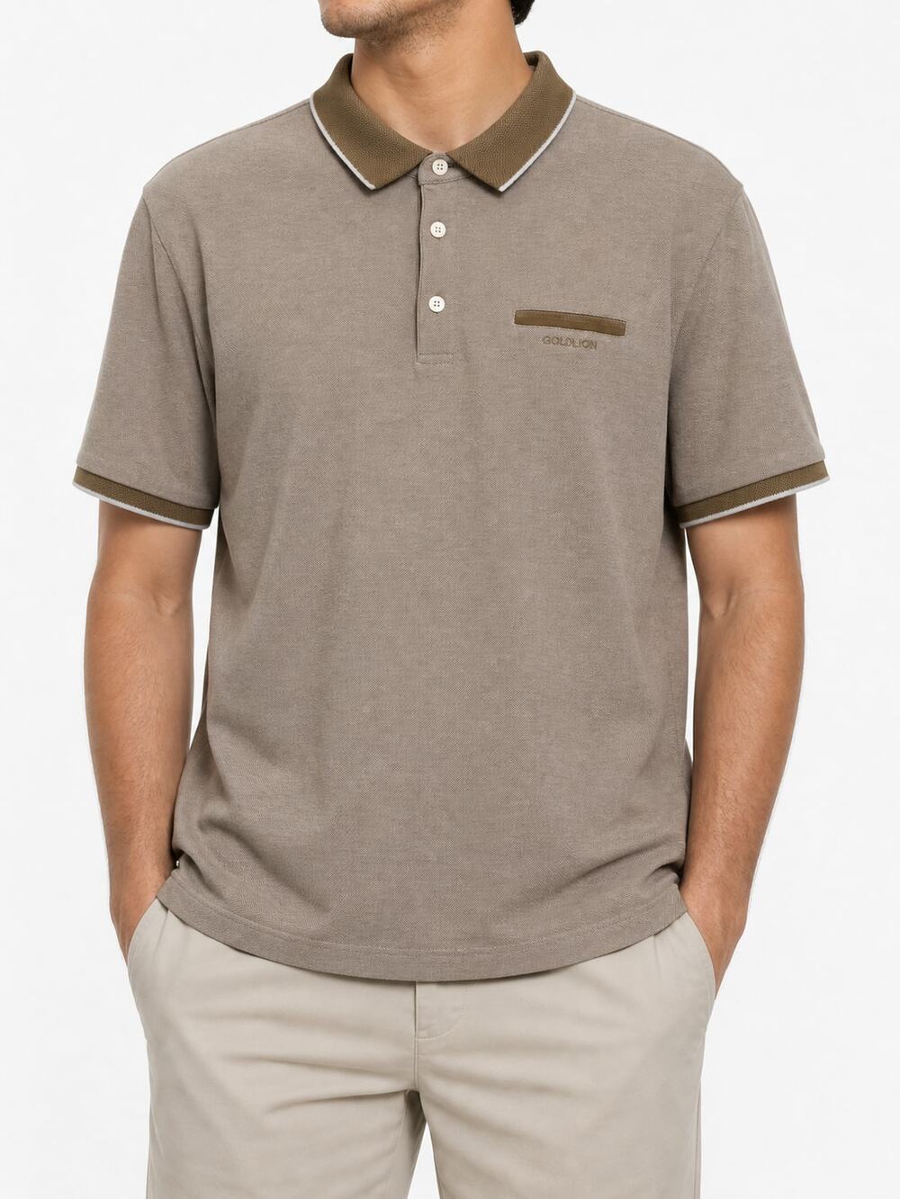 Goldlion Men's Taupe Brown Trim Polo Shirt XL Short Sleeve Preppy Y2K Casual
